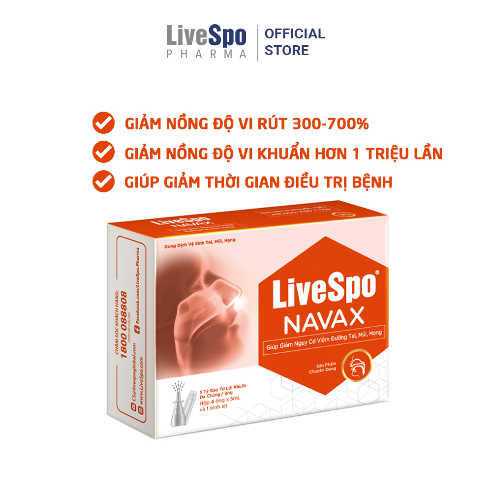 Combo Hộp nước muối sinh lý bào tử lợi khuẩn LiveSpo Navax Family - Dành cho gia đình 5 ống x 5ml + Hộp nước muối sinh lý bào tử lợi khuẩn Livespo Navax chuyên dụng - vệ sinh, phòng ngừa viêm nhiễm tai mũi họng 4 ống x 5ml