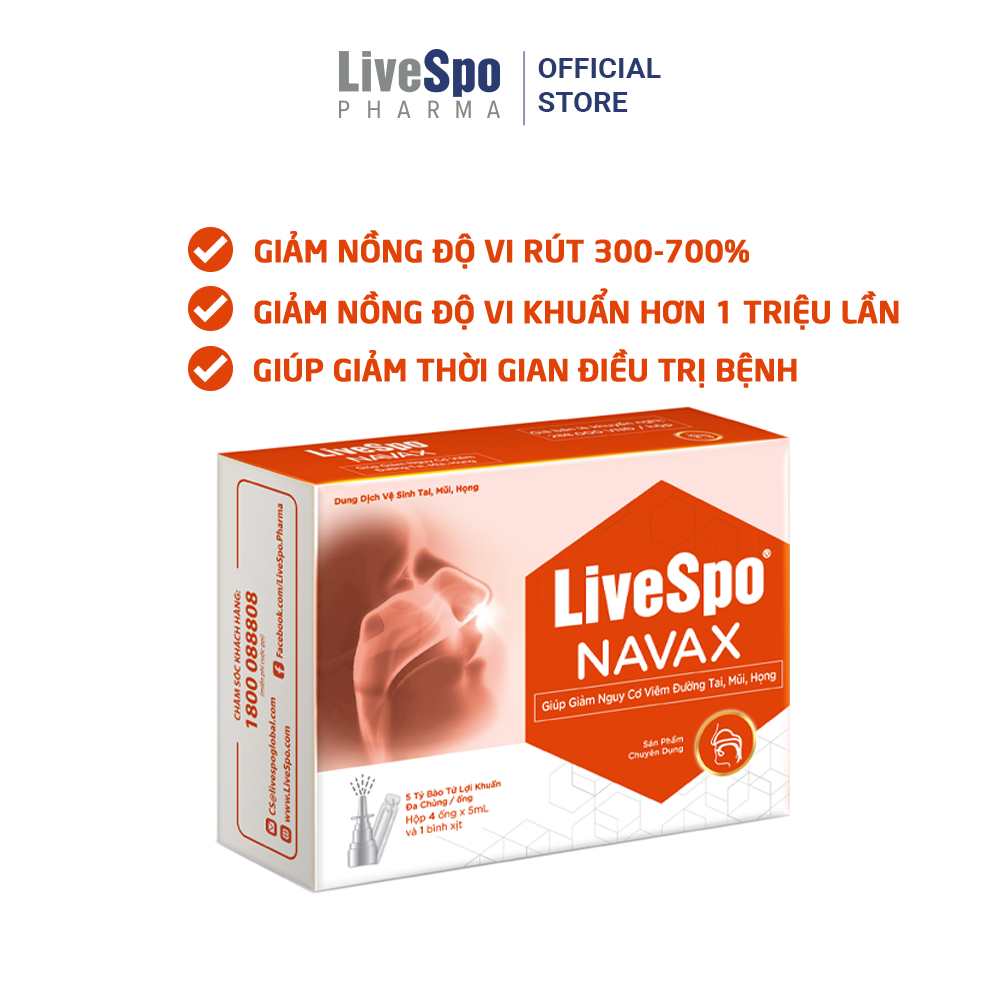 Combo Hộp nước muối sinh lý bào tử lợi khuẩn LiveSpo Navax Kids 5 ống x 5ml và Hộp Livespo Navax chuyên dụng 4 ống x 5ml