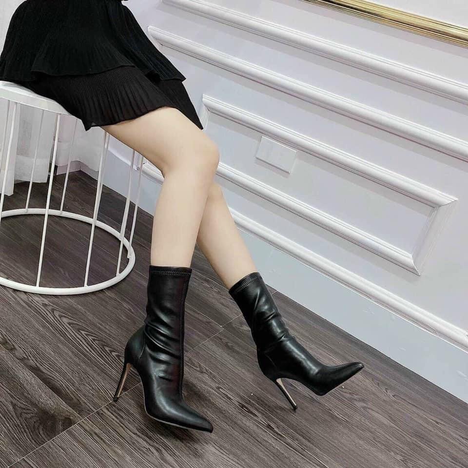Bốt đùi nữ da lì , Boot n ữ đùi lửng dưới gối gót nhọn 8-9cm 2 màu đen và nâu hàng Fullbox Bigfree CAO CẤP