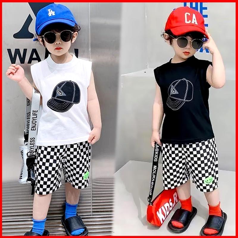 Bộ Áo Sát Nách In Nón Quần Caro Dễ Thương Cho Bé Trai