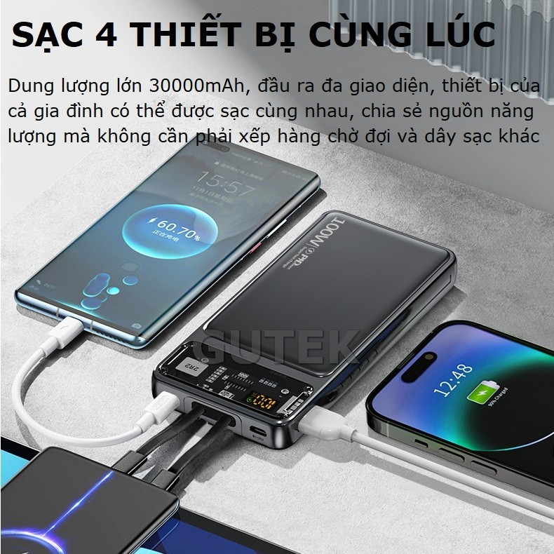 Sạc dự phòng 30000mah HXSJ DX159 công suất nhanh 100w dung lượng pin lớn có sẵn dây cho điện thoại - Hàng Chính Hãng