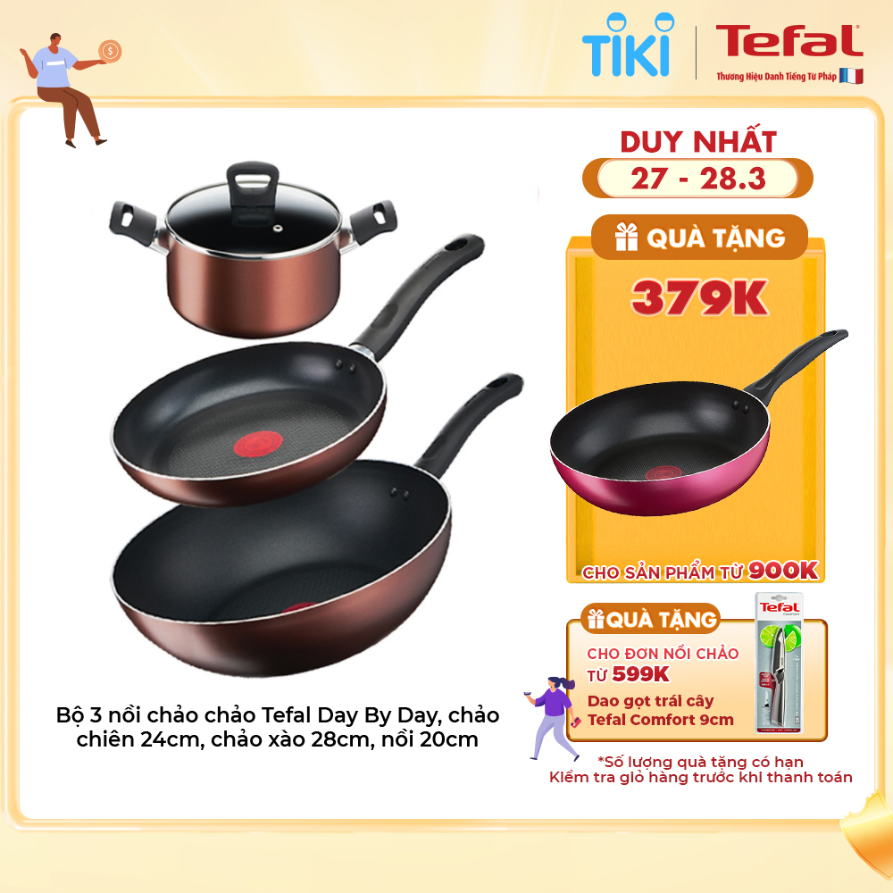 Bộ 3 nồi chảo chảo Tefal Day By Day, chảo chiên 24cm, chảo xào 28cm, nồi 20cm - Hàng chính hãng