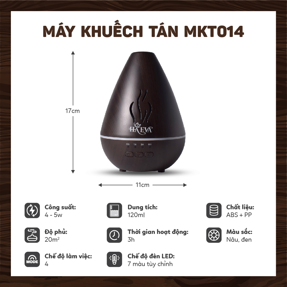 Máy xông tinh dầu HAEVA Vân Gỗ MKT014 khử mùi, kháng khuẩn, tạo độ ẩm, Tự ngắt khi hết nước, đèn Led 7 màu tuỳ chỉnh