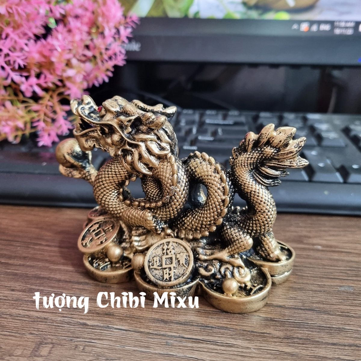 Tượng Rồng cuộn cầm ngọc sơn giả đồng, Rồng nhả ngọc phong thủy 11cm, Tượng đá trang trí Rồng phong thủy Giàu có Quà tặng Đồ trang trí