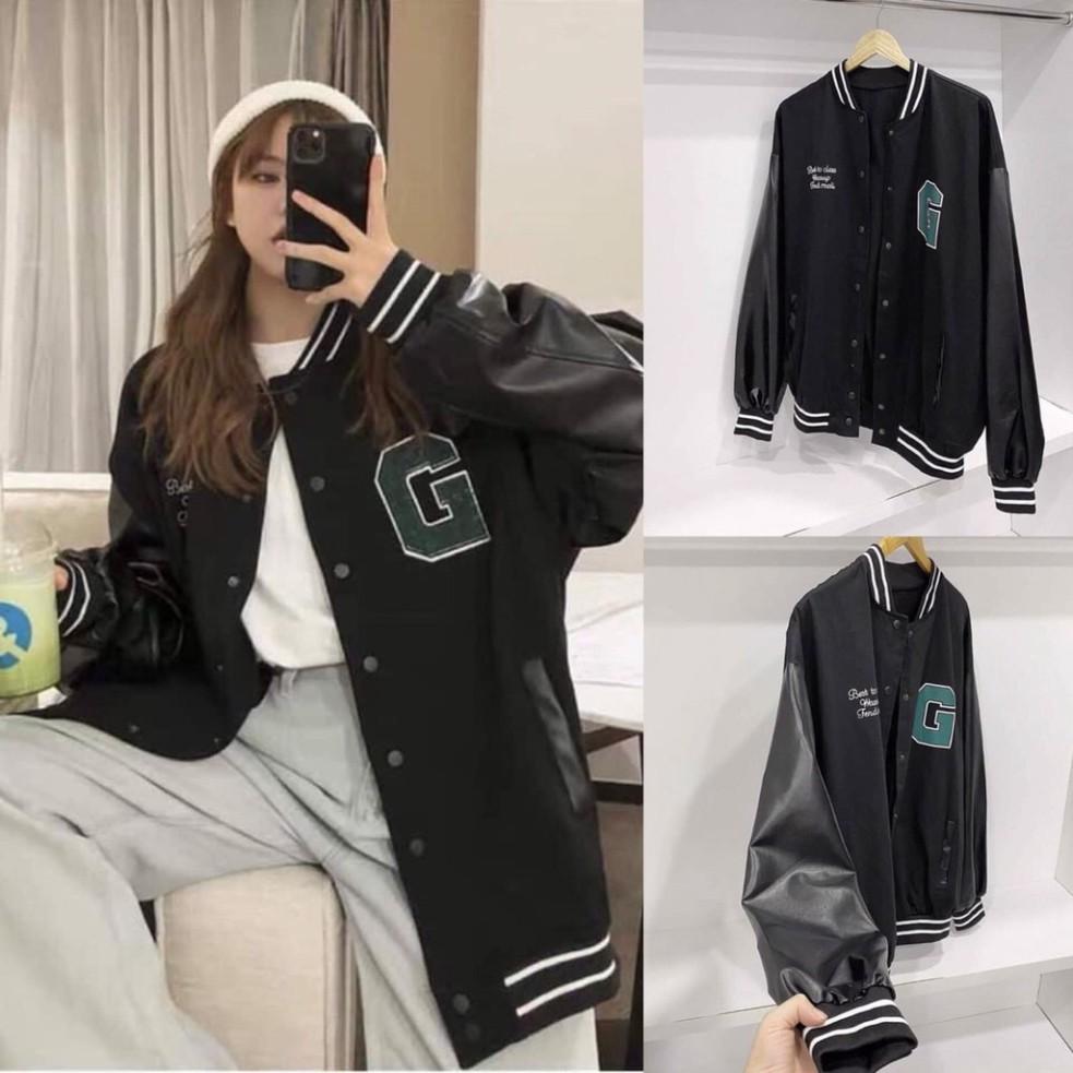 Áo khoác thu đông nam nữ kiểu bomber phối tay da chữ G cúc bấm trẻ trung cá tính/ Áo nỉ dáng rộng ulzzang siêu hàn quốc