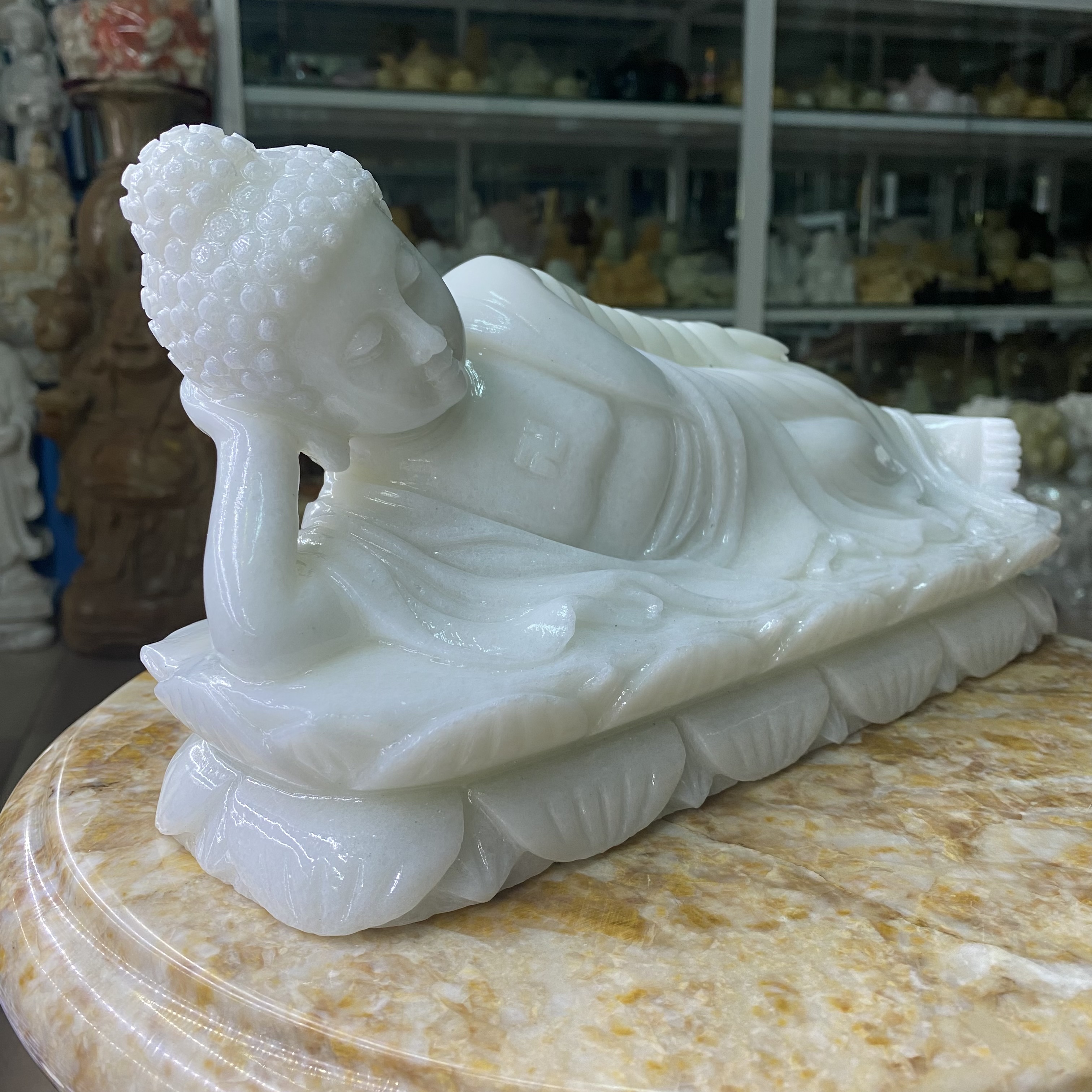 Tượng Phật Nhập Niết Bàn Đá Cẩm Thạch Trắng - ngang 30.5cm