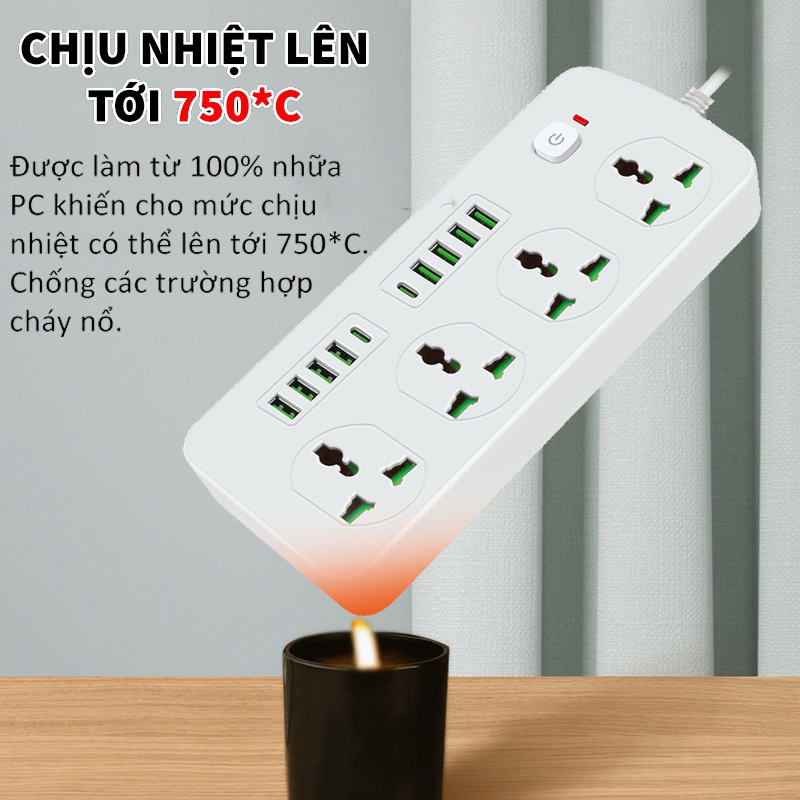 Ổ cắm điện thông minh POWER T25 sử dụng đa năng 8 cổng USB 2 cổng type c 4 rắc cắm sạc nhanh 4.2A Max 3000W an toàn dây dài 2m