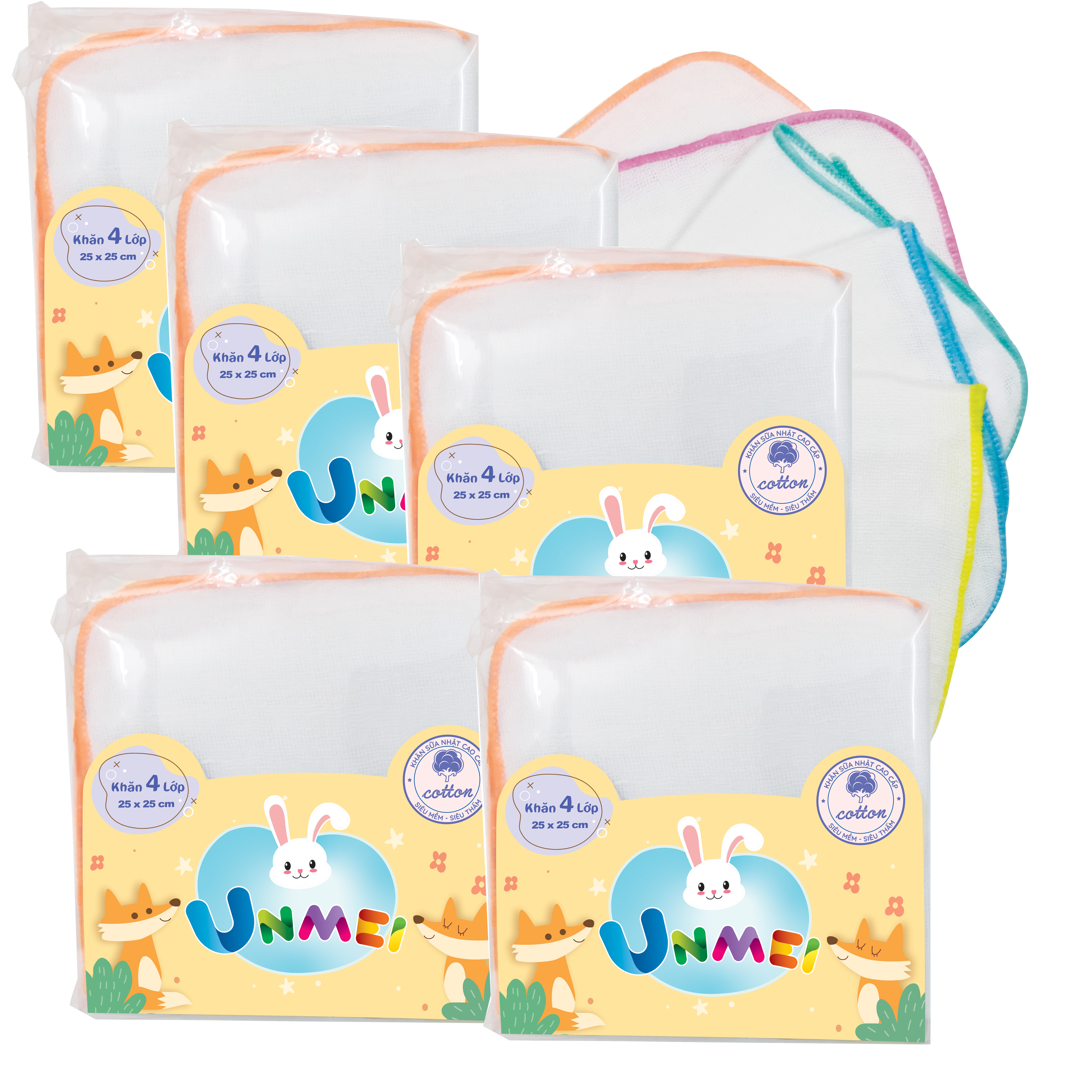 Gói 50 Khăn sữa vải gạc Unmei Dày 4 lớp 25x25cm 100% cotton (Đồ dùng vệ sinh cho bé)