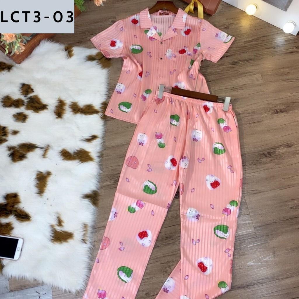BỘ PIJAMA LỤA GẤM TAY NGẮN QUẦN DÀI HỌA TIẾT CỰC XINH
