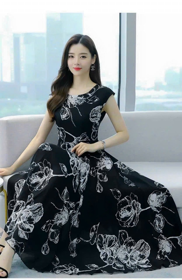 ĐẦM  XÒE DÁNG DÀI HỌA TIẾT HOA CAO CẤP (HÀNG NHẬP)