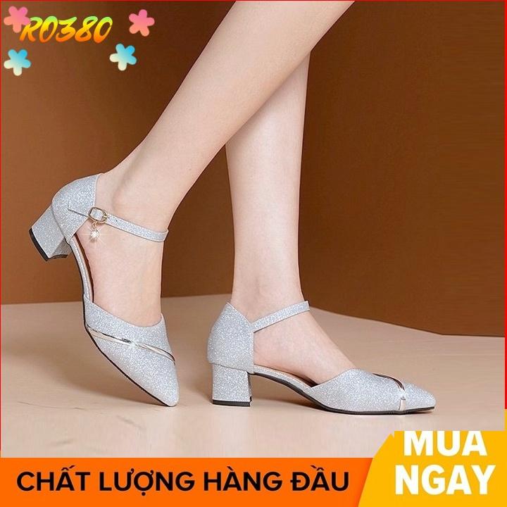 Giày cao gót nữ đẹp đế vuông 5 phân hàng hiệu rosata hai màu trắng vàng da mềm ro380