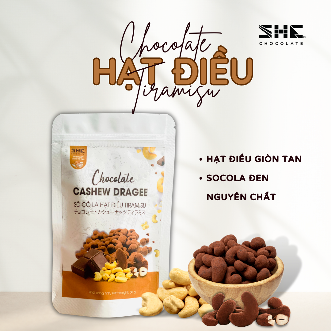 Socola Hạt điều Tiramisu - Túi 50g - SHE Chocolate - Tốt cho sức khỏe - Quà tặng người thân, dịp lễ, thích hợp ăn vặt