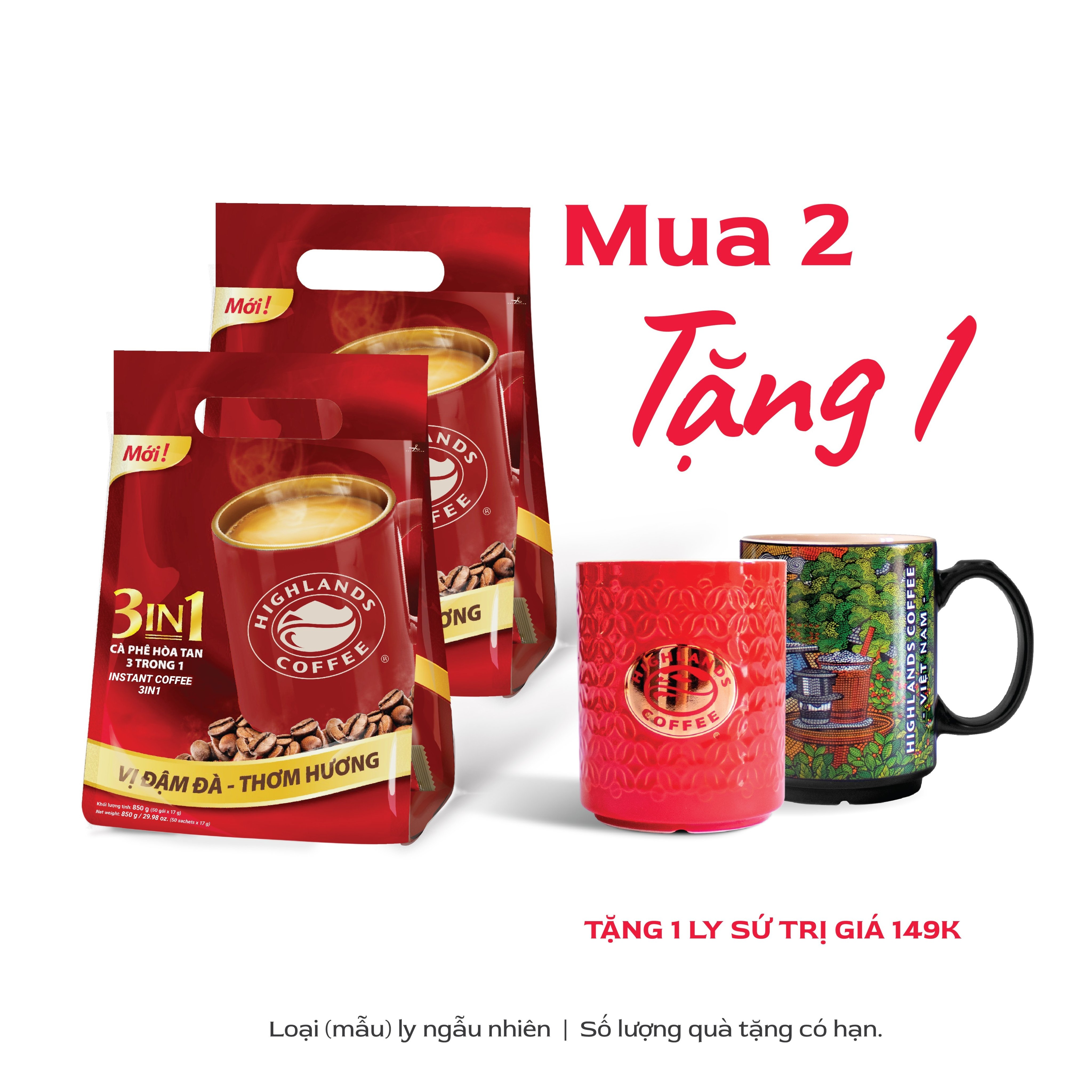 [TẶNG 01 LY SỨ HIGHLANDS] Combo 2 Túi Cà phê sữa hòa tan 3in1 Highlands Coffee (50 gói x 17g)