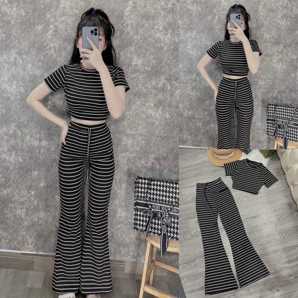 Set bộ đồ nữ áo croptop phối quần loe sọc ngang tôn da, tôn dáng dành cho các nàng đi chơi, dạo phố hoặc ở nhà