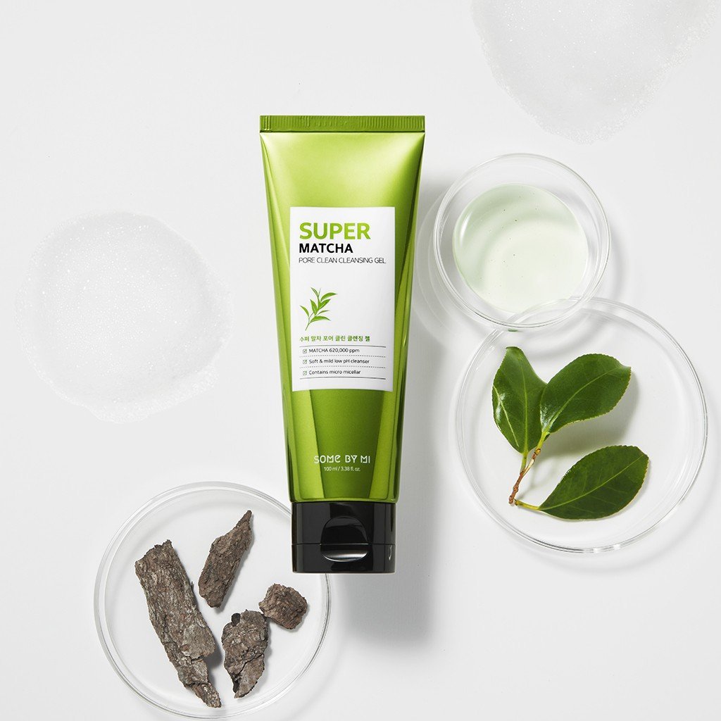 Sữa rửa mặt dịu nhẹ, dưỡng ẩm, thu nhỏ lỗ chân lông Some By Mi Super Matcha pore clean cleansing gel 100ml + Tặng Kèm 1 Băng Đô Tai Mèo
