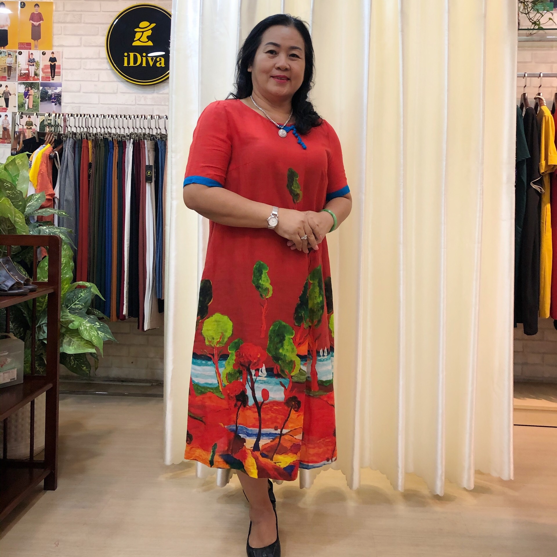 Đầm suông trung niên iDiva D14-12; chất liệu linen cao cấp, bigsize phù hợp u50 dự tiệc &amp; dạo phố