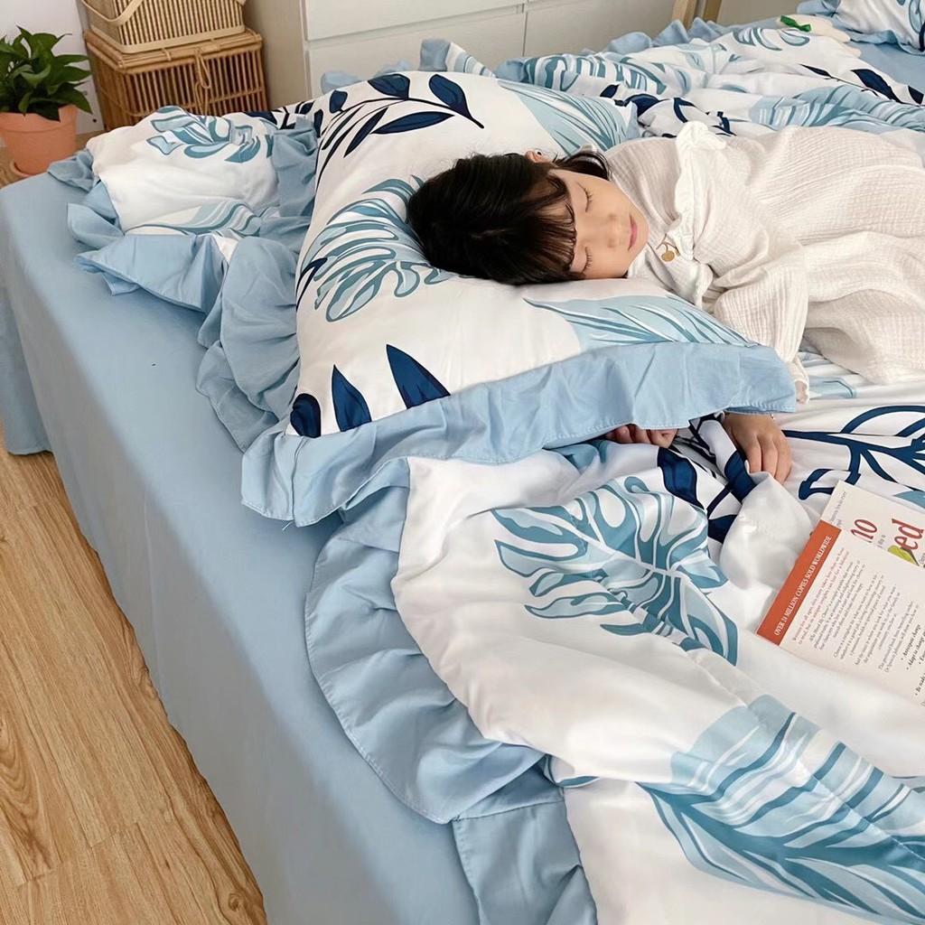 Bộ chăn đũi hè vỏ ga và 2 vỏ gối M2T bedding chăn lót bông thiết kế phối bèo họa tiết lá cọ xanh