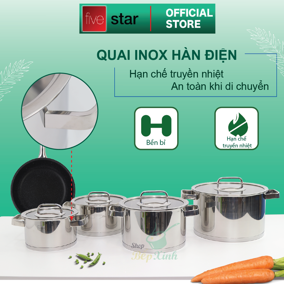 Bộ nồi 3 đáy inox 304 FiveStar Plus bếp từ 4 chiếc nắp kính ( nồi 16cm x nồi 18cm x 1 nồi 20cm x 1 nồi 24cm) , tặng 10 muỗng ăn