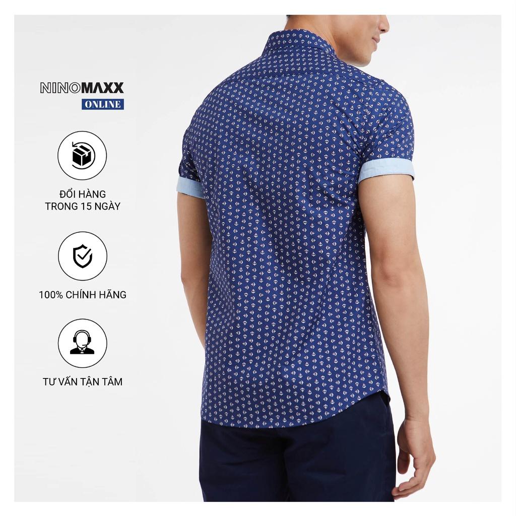Áo Sơ Mi Nam Ninomaxx tay ngắn màu xanh dương có hoa văn 100% cotton mã 2001006