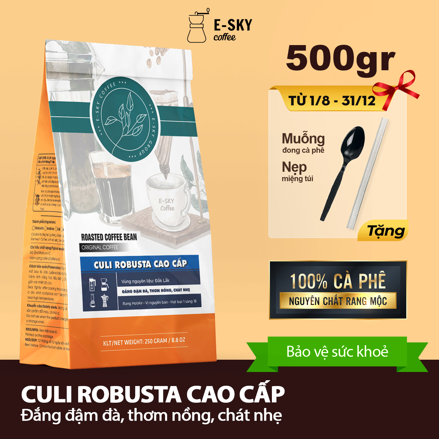 Cà Phê Rang Xay Nguyên Chất Culi Robusta E-SKY Coffee Cafe Pha Phin 250g-500g