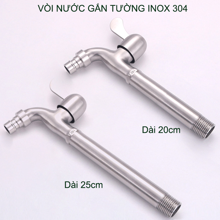 Vòi nước lạnh bằng inox 304 gắn tường thân dài 20cm-25cm tùy chọn (DN15 lắp cho ống D21)