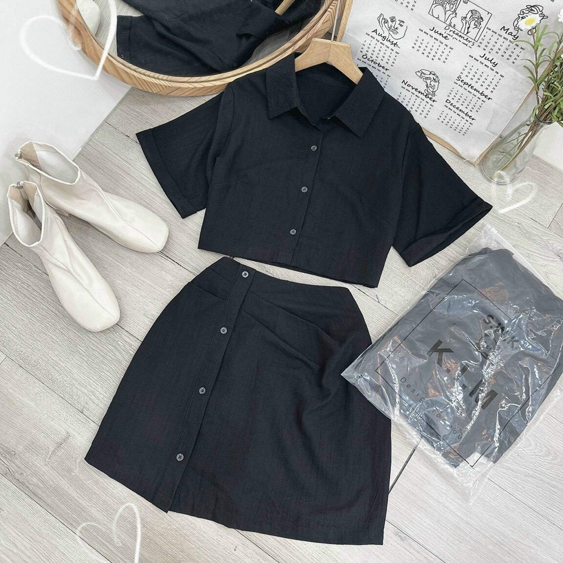 SET ÁO CROPTOP SUÔNG RỘNG TRƠN CỔ SƠ MI + CHÂN VÁY NGĂN SUÔNG ĐEN DẠO PHỐ DỰ TIỆC