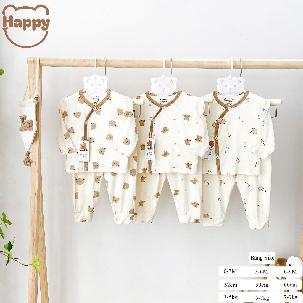 [3-8kg] Bộ Quần Áo Sơ Sinh Dài Tay Thun Lạnh NỀN KEM VIỀN NÂU Mềm, Mát, Có Đáp Đũng Mặc Tã Thoải Mái - Gấu Sao