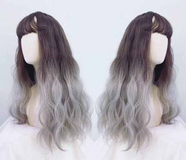 Tóc giả nữ đẹp nguyên đầu xù lửng omber xám khói