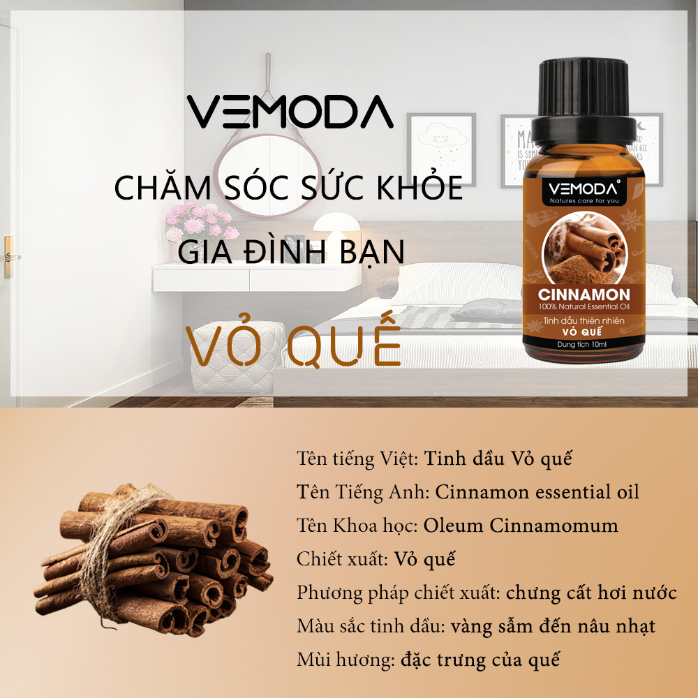 Tinh dầu Vỏ quế cao cấp 50ML Cinnamon. Tinh dầu xông phòng Vemoda giúp khử mùi, thư giãn, cải thiện giấc ngủ, trị cảm lạnh, giảm đau nhức, giảm mỡ bụng hiệu quả