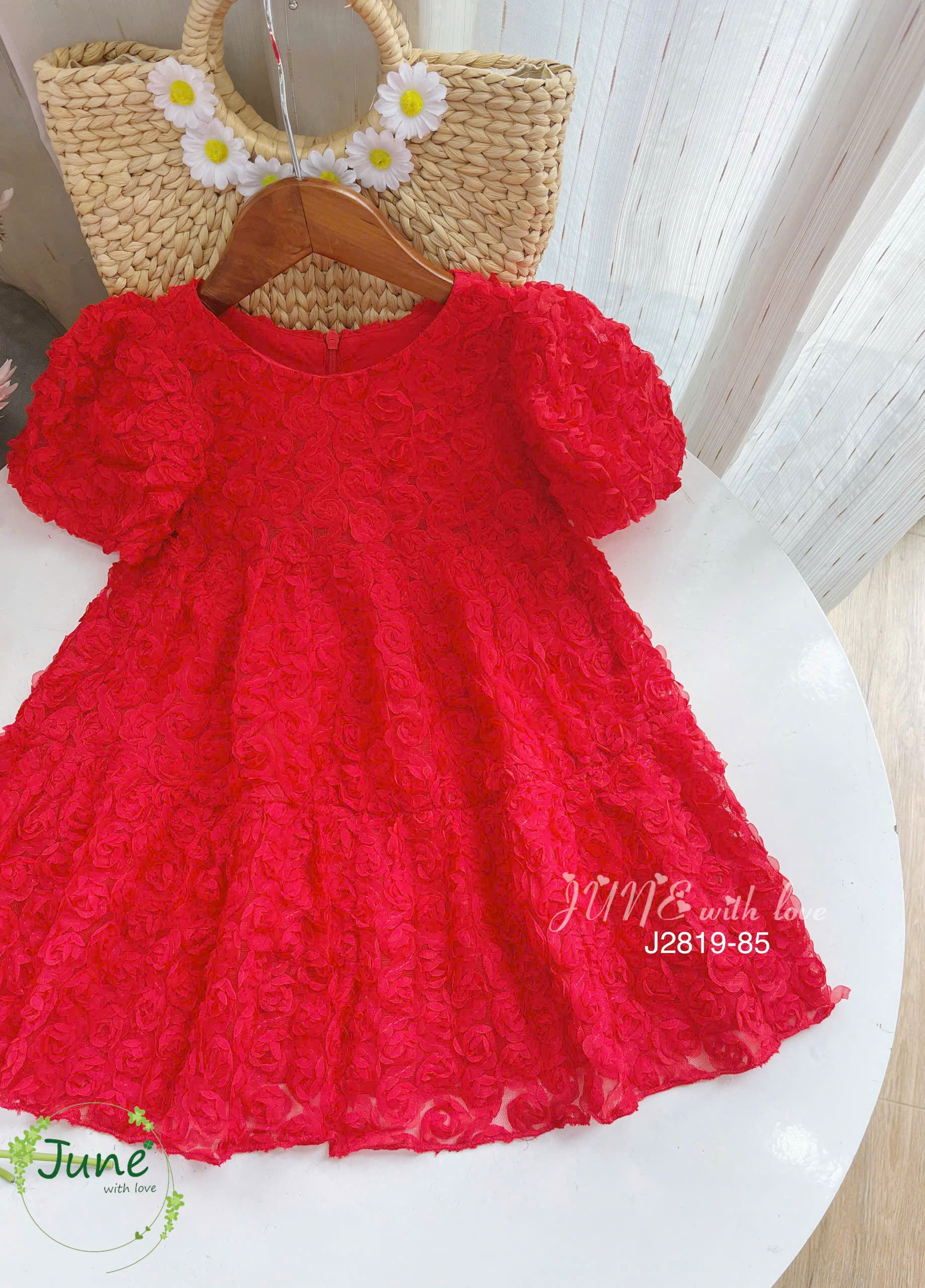 đầm voan công chúa cho bé gái hoa hồng màu đỏ noel giáng sinh biểu diễn dự tiệc hàng thiết kế cao cấp