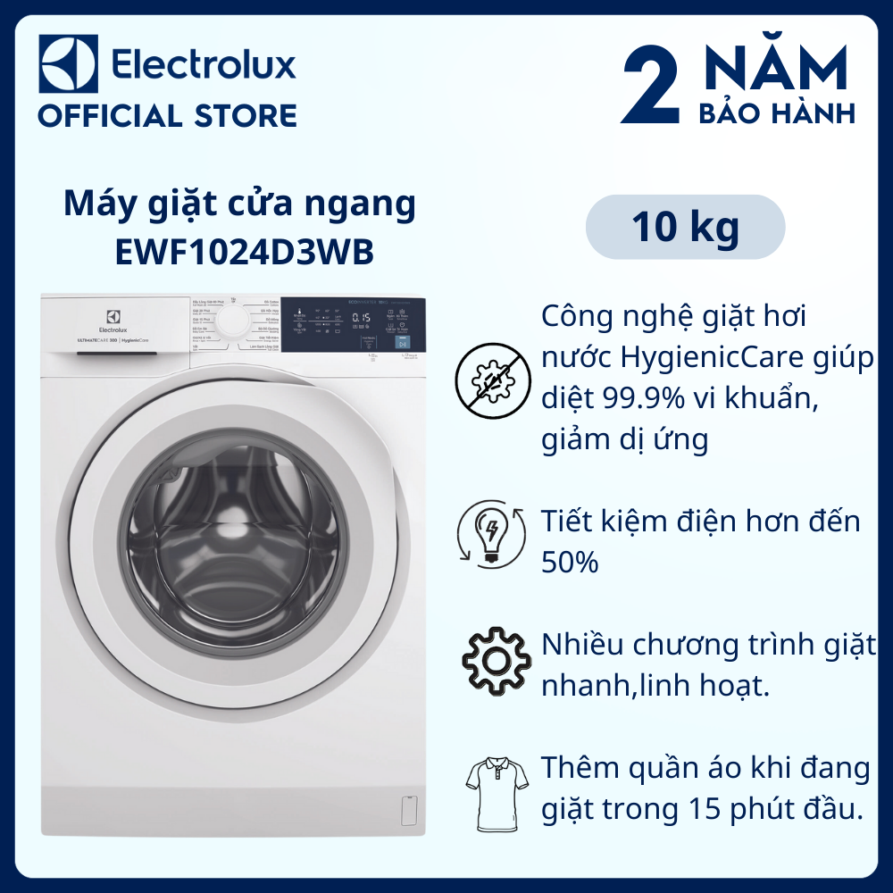 [Free Giao lắp] Máy giặt cửa ngang Electrolux 10kg UltimateCare 300 EWF1024D3WB diệt 99.9% vi khuẩn, giảm dị ứng, Tiết kiệm điện [Hàng chính hãng]