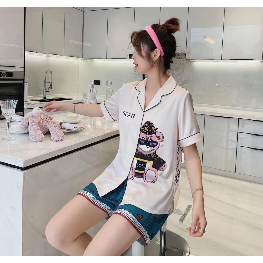 Bộ ngủ Pijama lụa cao cấp in hình gấu dễ thương