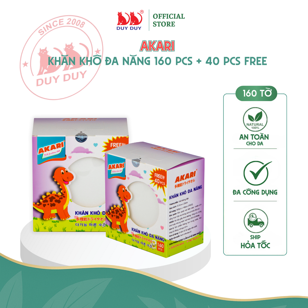 Khăn khô đa năng Akari vải sợi tự nhiên 160pcs + free 40 pcs (13.5x20cm) dạng rút thấm hút vượt trội