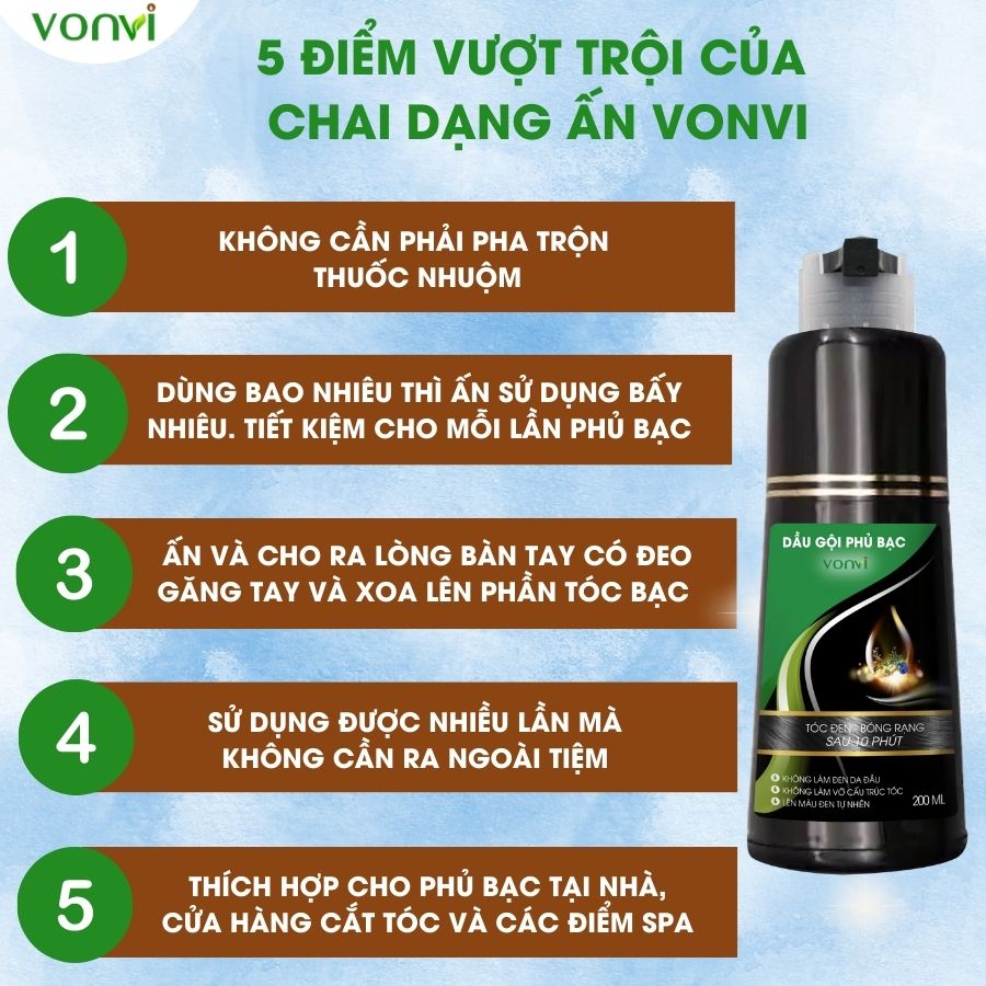 Dầu gội phủ bạc VONVI giúp đen tóc tự nhiên sau 10 phút dạng chai ấn 200 ml