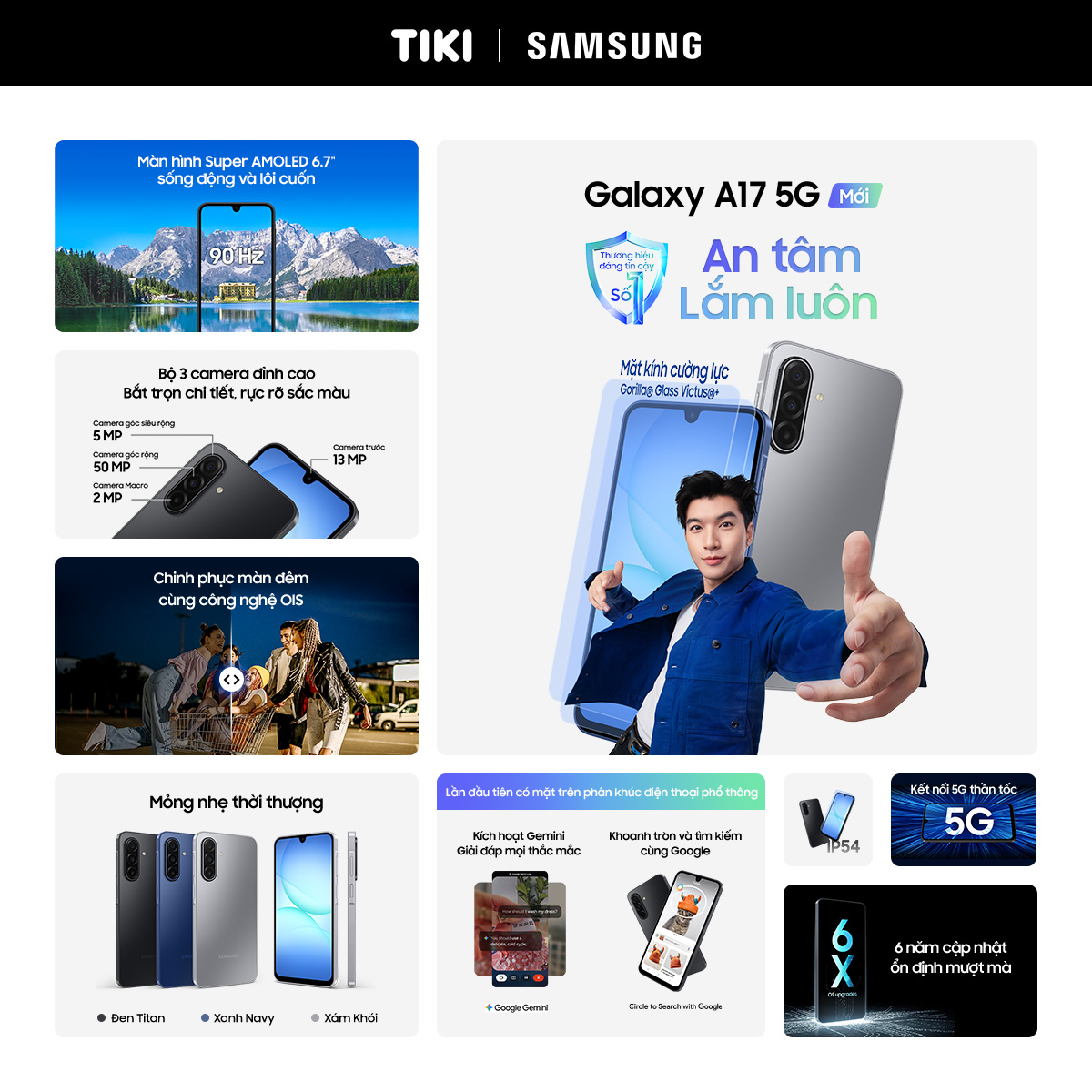 Điện Thoại Samsung Galaxy A17 5G (8/128GB), Camera 50MP &amp; IOS, Kính Cường Lực Gorilla Victus, AI Gemini - Hàng Chính Hãng
