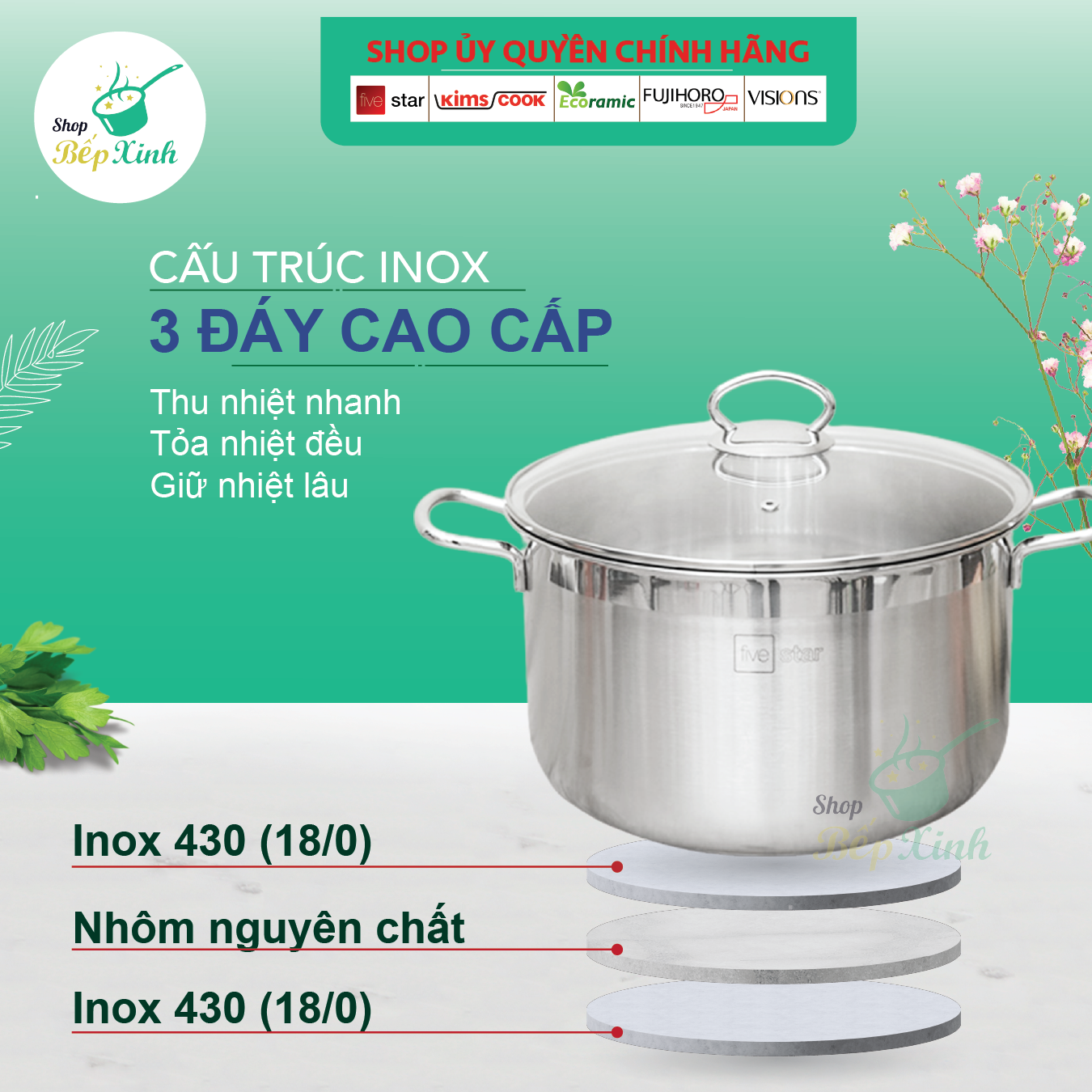 Bộ 2 nồi inox 3 đáy từ Fivestar 18cm và 24cm - hàng chính hãng