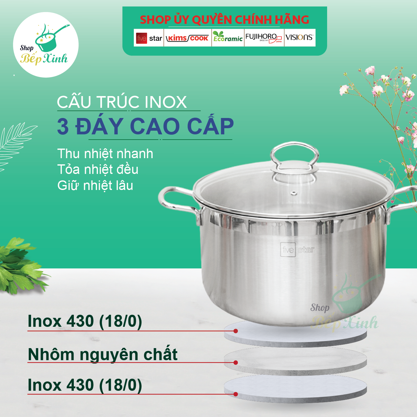 Bộ nồi inox Fivestar 3 đáy từ 18cm và 24cm nắp kính