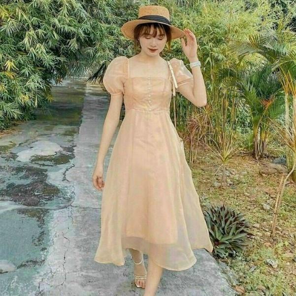 Đầm váy nữ dự tiệc voan tơ cổ vuông đính ngọc đỏ trắng nude nhẹ nhàng trẻ trung