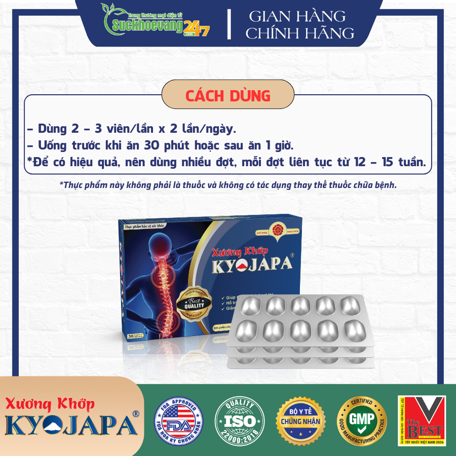 Viên uống Xương Khớp Kyojapa hỗ trợ giảm đau nhức xương khớp, đau dây thần kinh tọa, đau cột sống, thoái hóa cột sống, thoát vị đĩa đệm - Hộp 30 viên