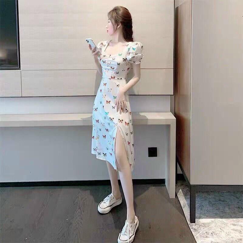 Váy đầm nữ dáng suông xẻ tà in họa tiết bướmđi chơi dự tiệc đám cưới, du lịch AM