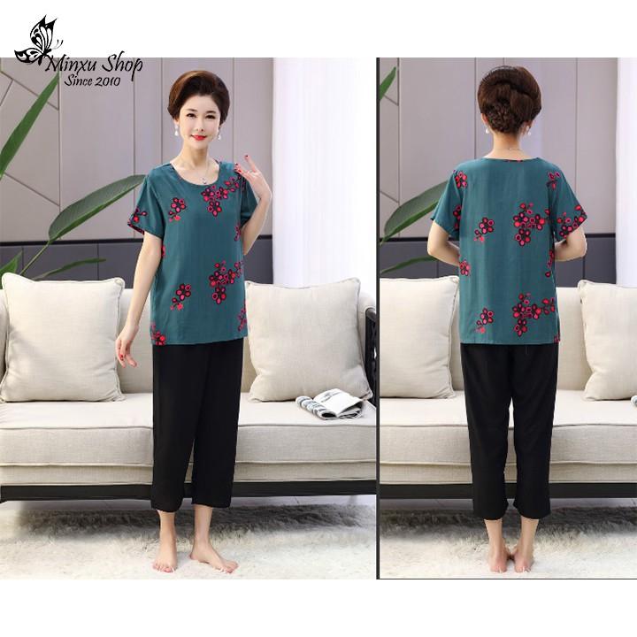 Bộ mặc nhà trung niên cách tân vải cotton lụa, áo ngắn tay quần lửng sang trong lịch sự cho bà cho mẹ (Mã N