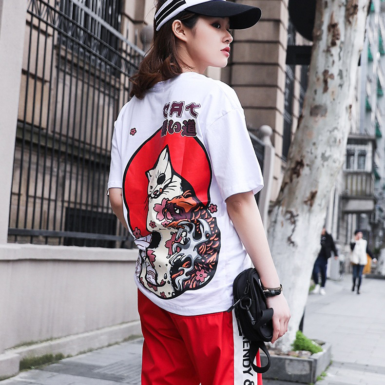 Áo thun Unisex mùa hè phiên bản mới hoạt tiết Mèo Cá