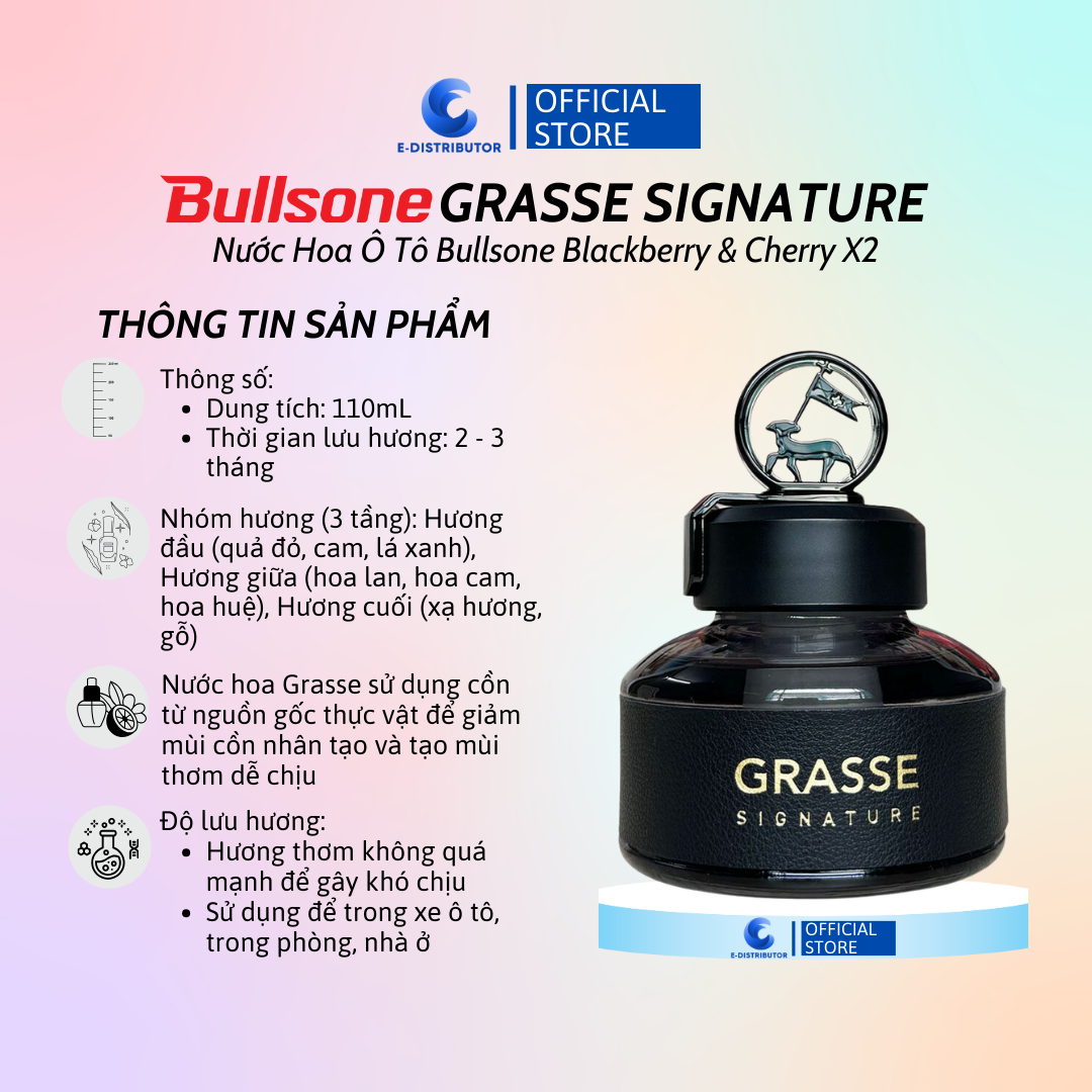 Nước hoa ô tô Bullsone Grasse Signature Blackberry &amp; Cherry (Dung tích 110ml) - Hàng chính hãng - Dung tích: 110ml