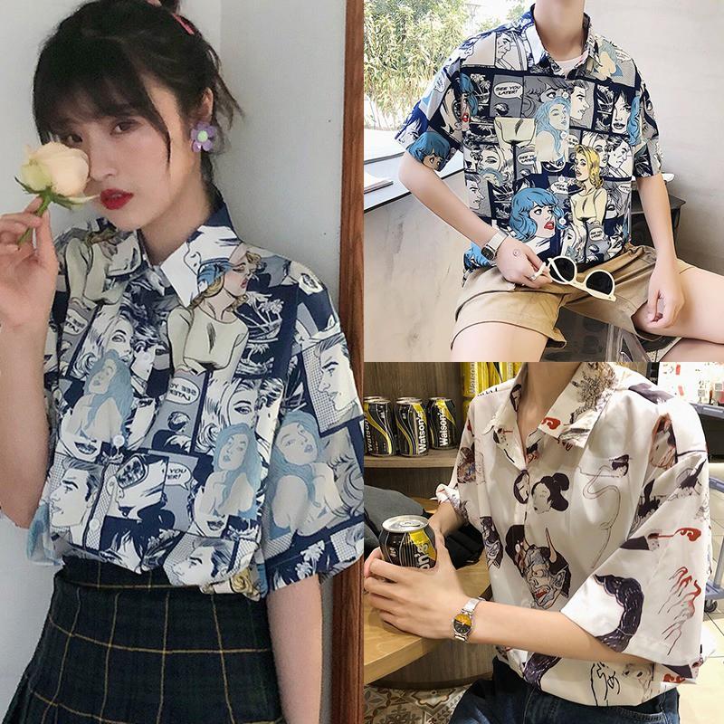 Áo sơ mi tay lửng dáng rộng in họa tiết phong cách Hàn Quốc