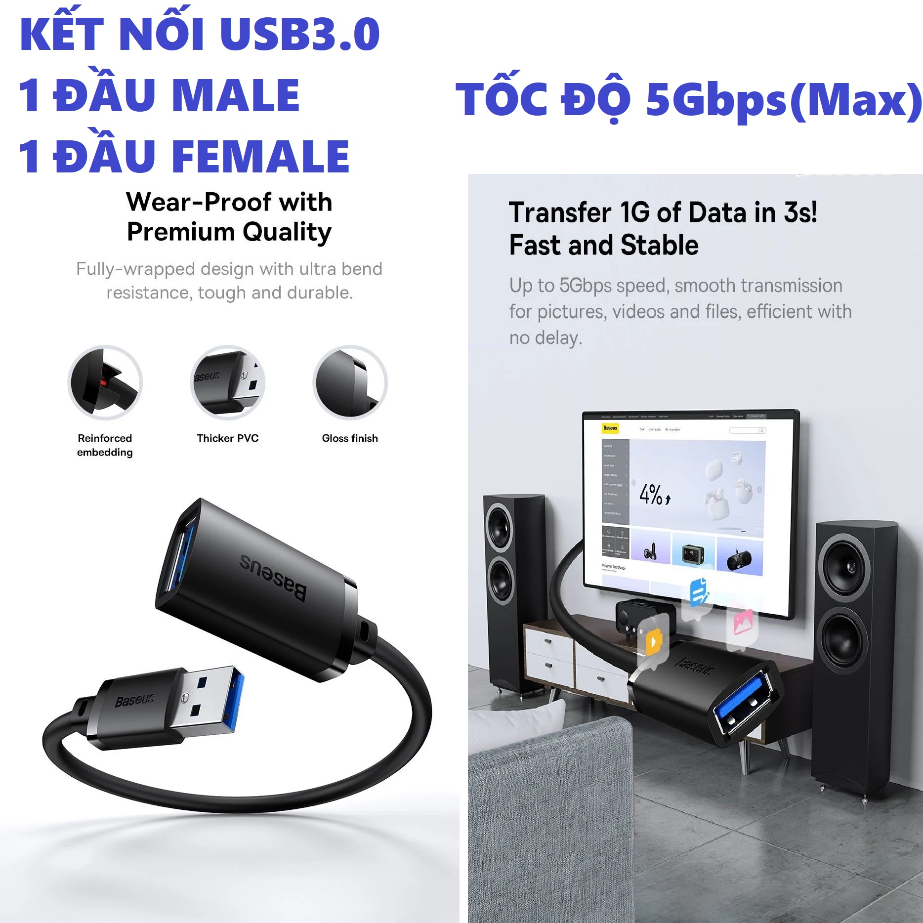 Dây cáp nối dài Usb 3.0 5Gbps nhựa PVC thân tròn to siêu bền Baseus Airjoy 0.5m - 5m _ Hàng chính hãng