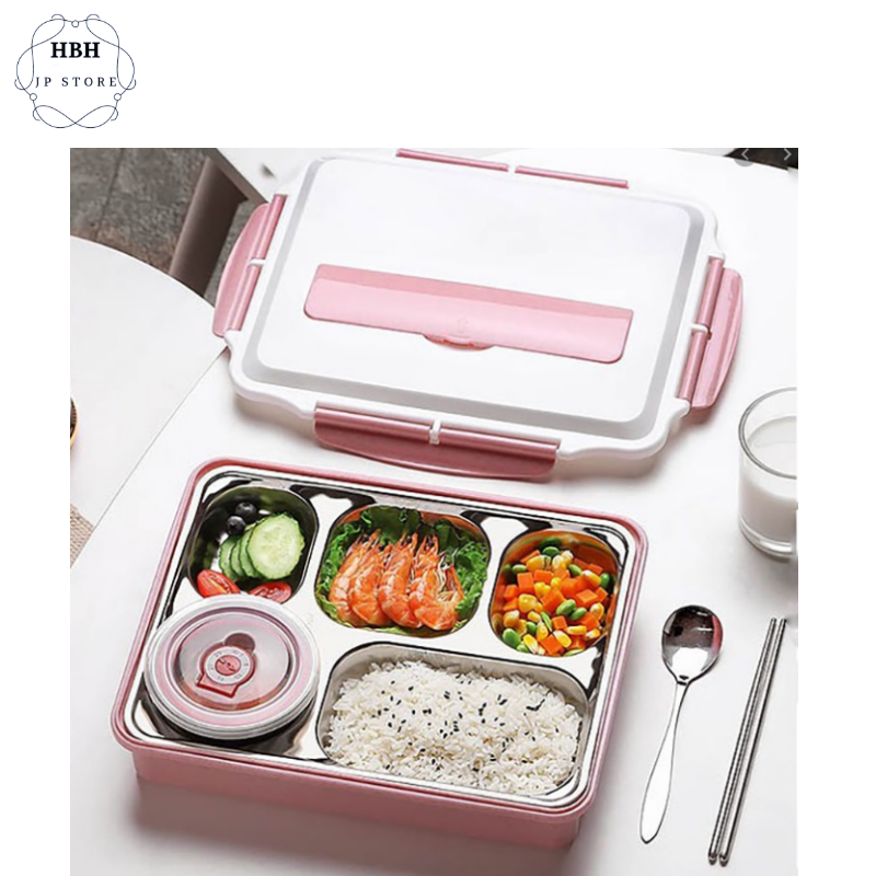 Khay Đựng Cơm Văn Phòng Inox 5 Ngăn Cao Cấp Có Nắp Đậy + TẶNG Kèm Bộ Đũa Thìa Và Bát Sứ