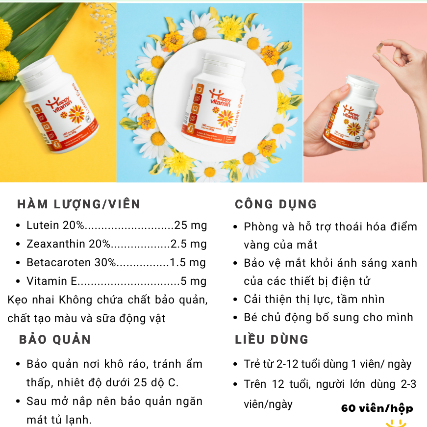 Kẹo Bổ Mắt Happy Vitamin Lutein Eyes Dành Cho Trẻ - Hộp 60 Viên