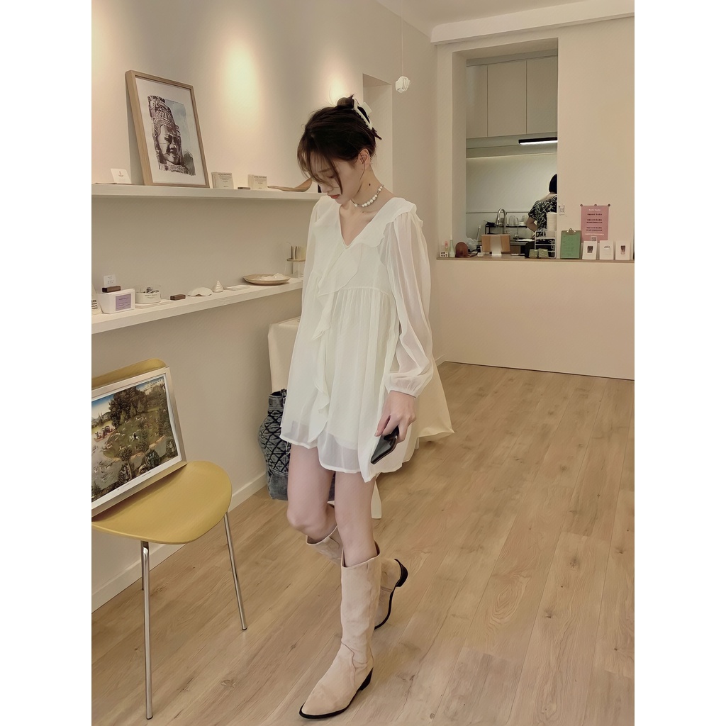 Đầm Trắng Nữ Dài Tay Cổ Tim Voan Tơ Viền Bèo Dáng Ngắn 2 Lớp Siêu Xinh