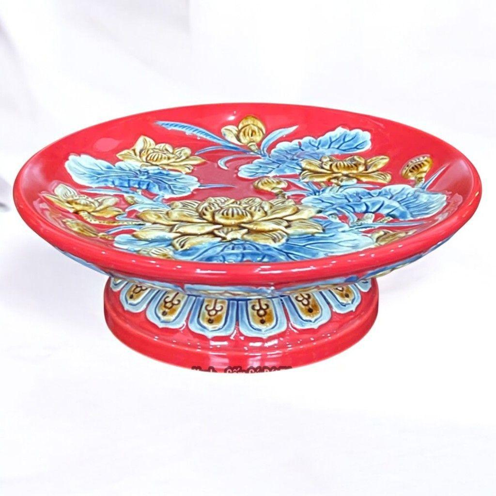 Mâm Bồng Đĩa Cúng Trái Cây Gốm Sứ RỒNG VIỆT Men Đỏ Bát Tràng Cao Cấp Trang Trí Bàn Thờ Đẹp