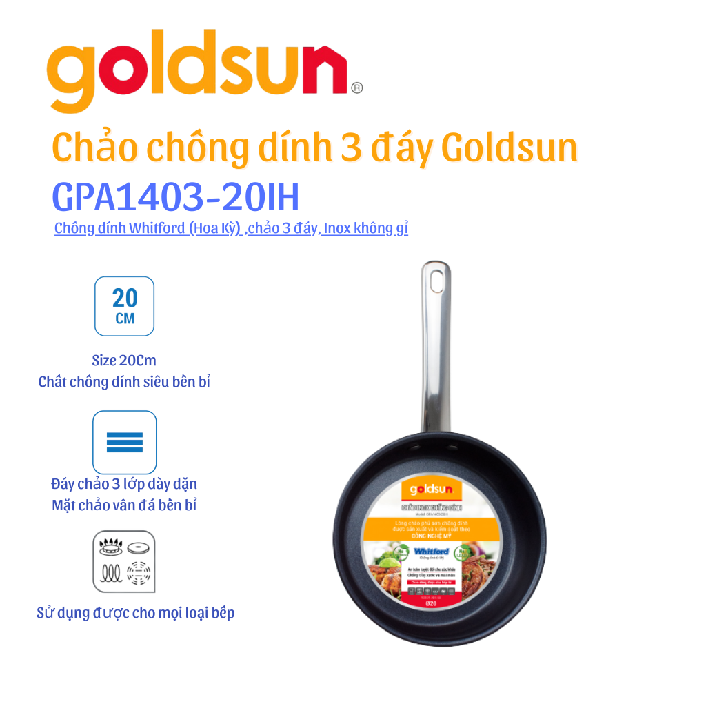 Chảo inox chống dính Goldsun GPA1403-20IH Hàng chính hãng